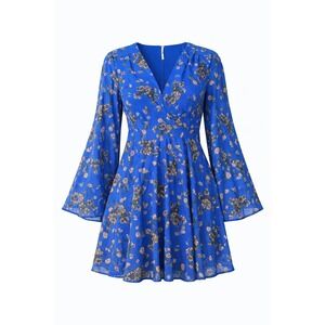 Free People Blue Floral Bell Sleeve V Neck Mini Dress Size M